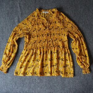 Rose +‎ Olive Yellow Floral Print Smocked Long Sleeve Blouse Top - M